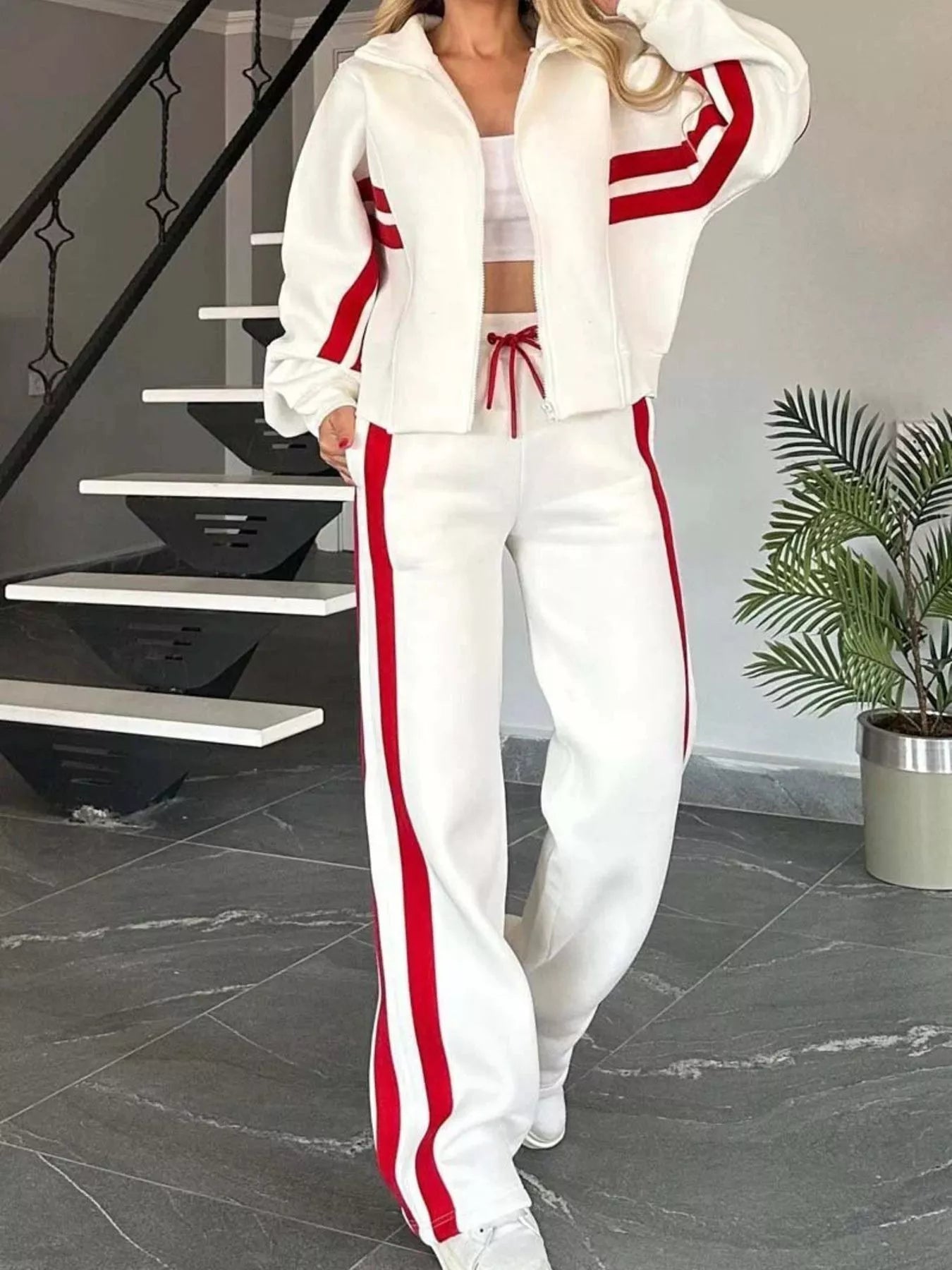 Full Size Contrast Stripe Zip Up Jacket and Pants Set Plus Size White