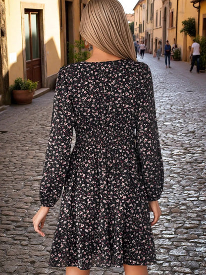 Floral V-Neck Balloon Sleeve Dress