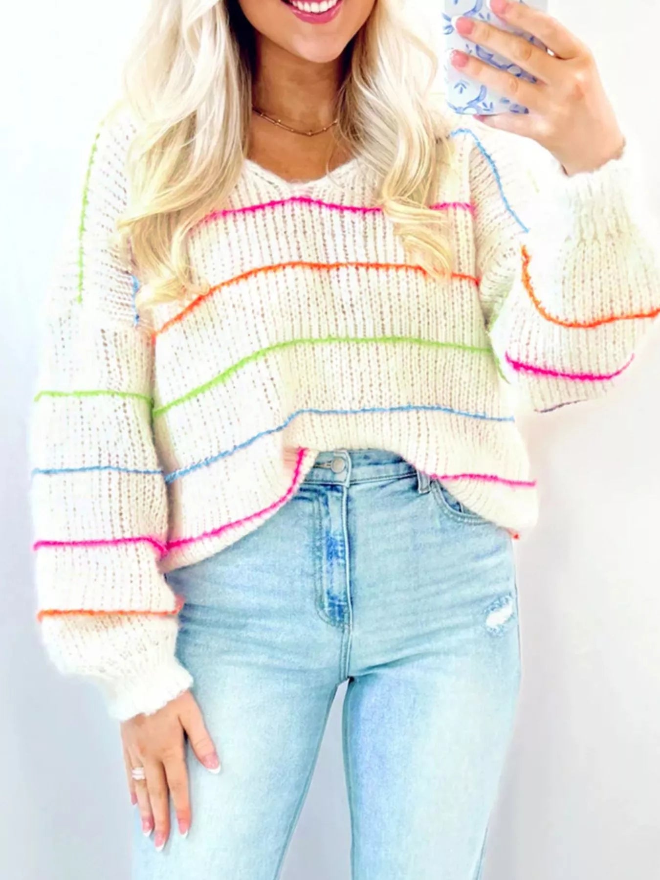 Colorful Striped Detail V Neck Drop Shoulder Baggy Sweater White