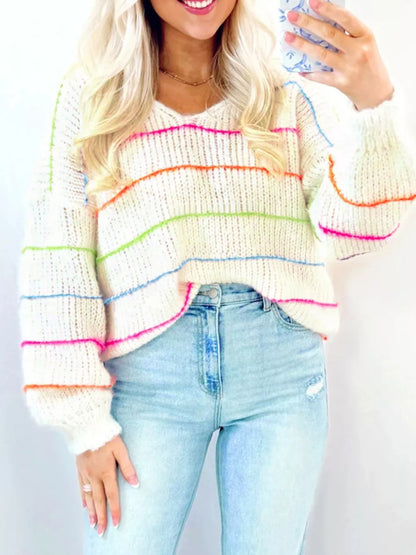 Colorful Striped Detail V Neck Drop Shoulder Baggy Sweater White