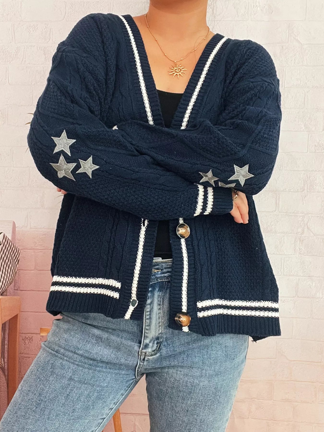 Star Pattern Button-Up Cardigan with Contrast Trim