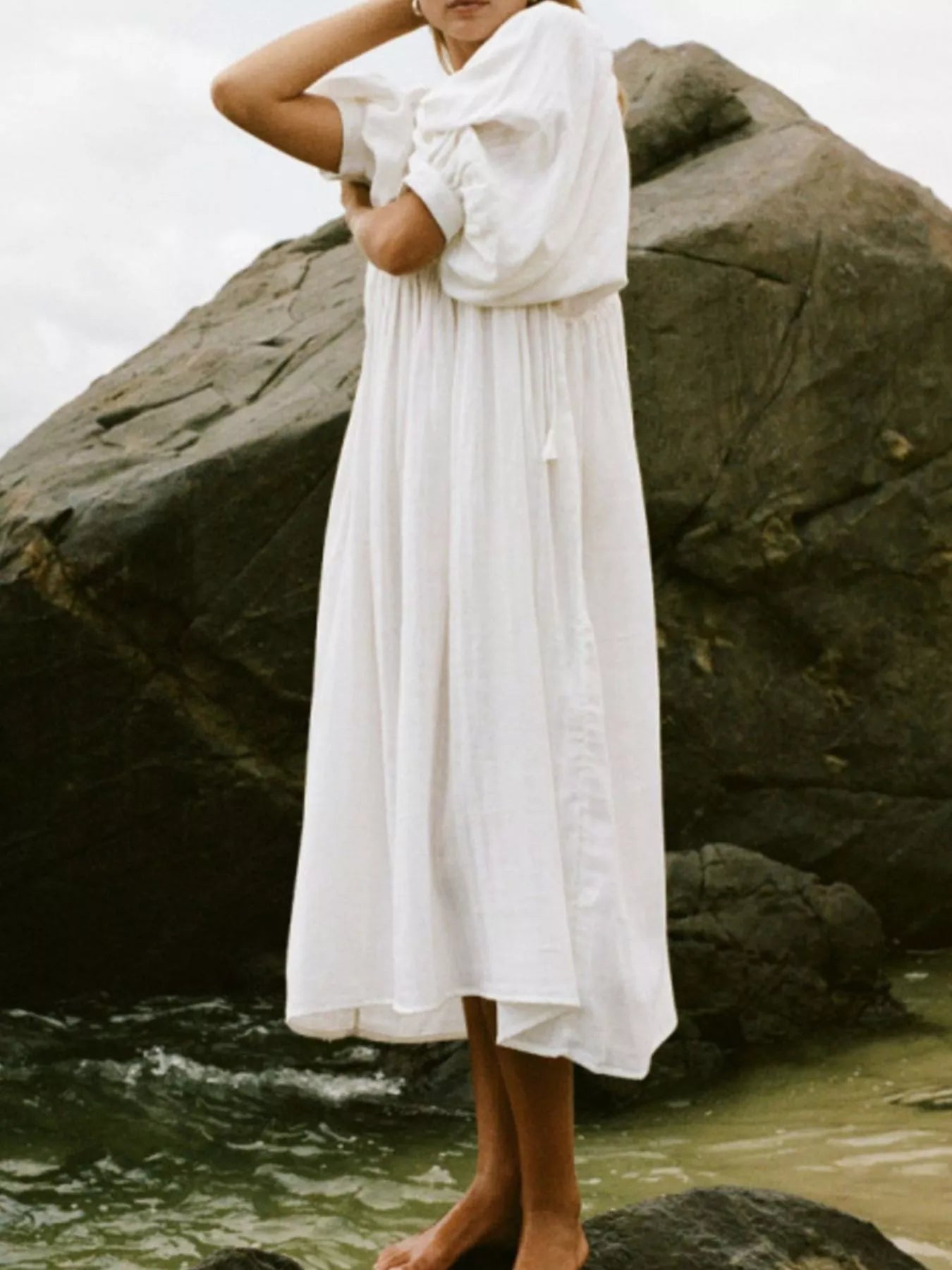 Tie Neck 3/4 Sleeve Midi Dress