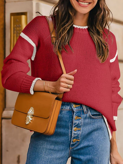 Contrast Trim Long Sleeve Sweater Red