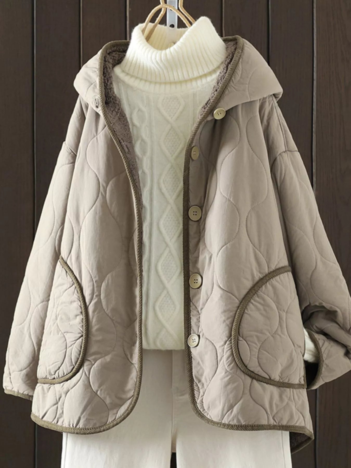 Quilted Hooded Sherpa Lined Outerwear Taupe
