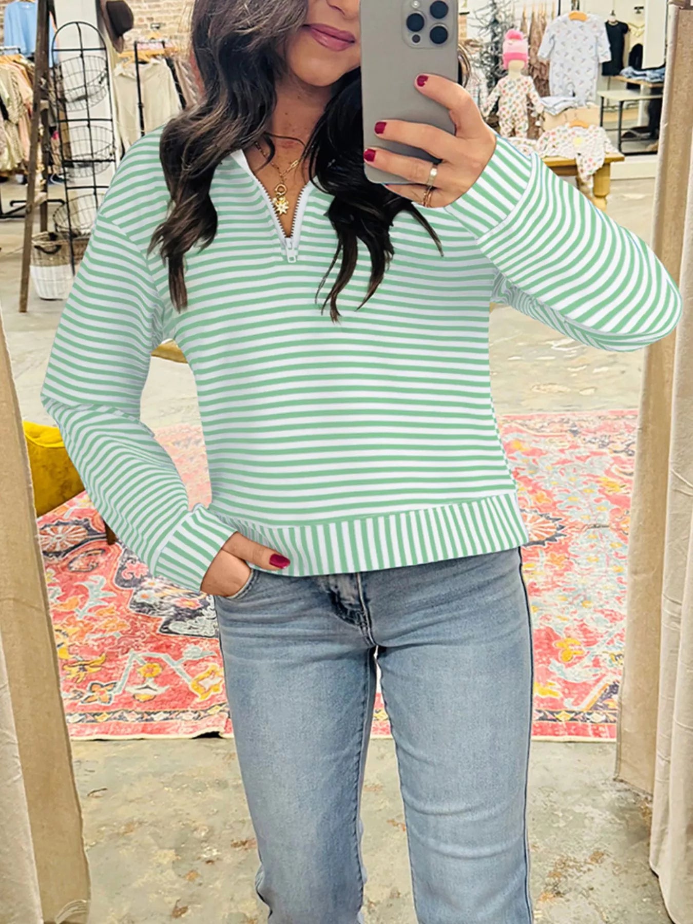 Stripe Quarter Zip Collar Long Sleeve Top Light Green