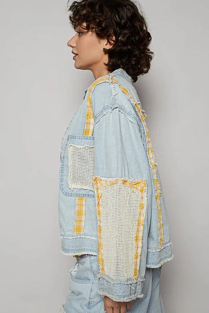 POL Raw Hem Zip Up Denim Jacket with Plaid and Crochet Patch