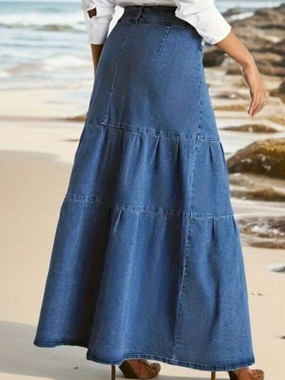 Tiered Maxi Denim Skirt with Zipper Detail