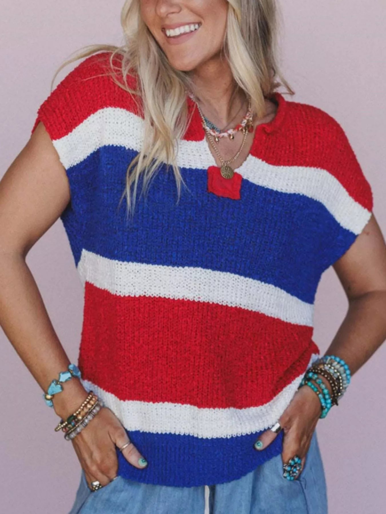 Striped Notched Short Sleeve Sweater