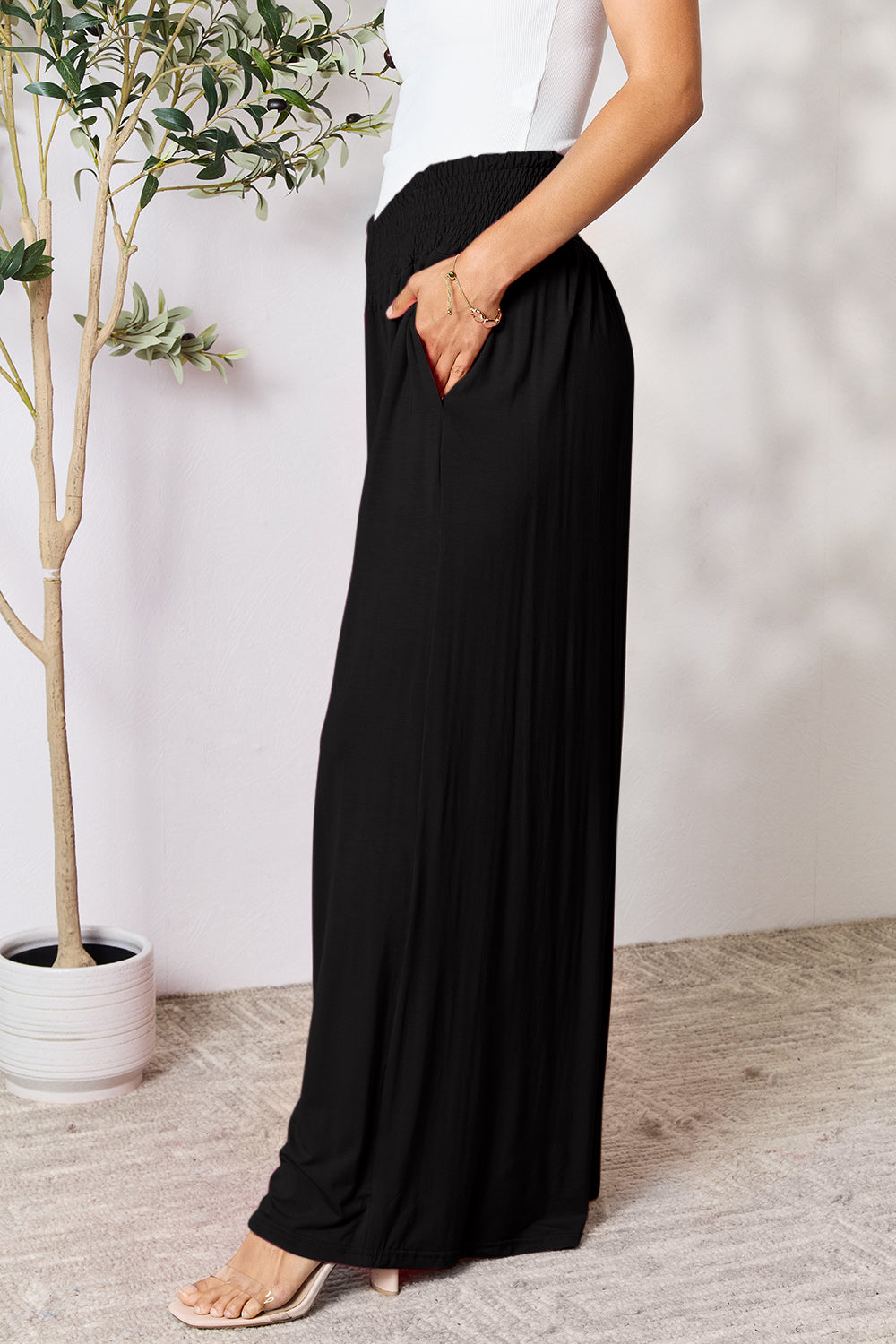 Smocked High-Waist Wide Leg Pants