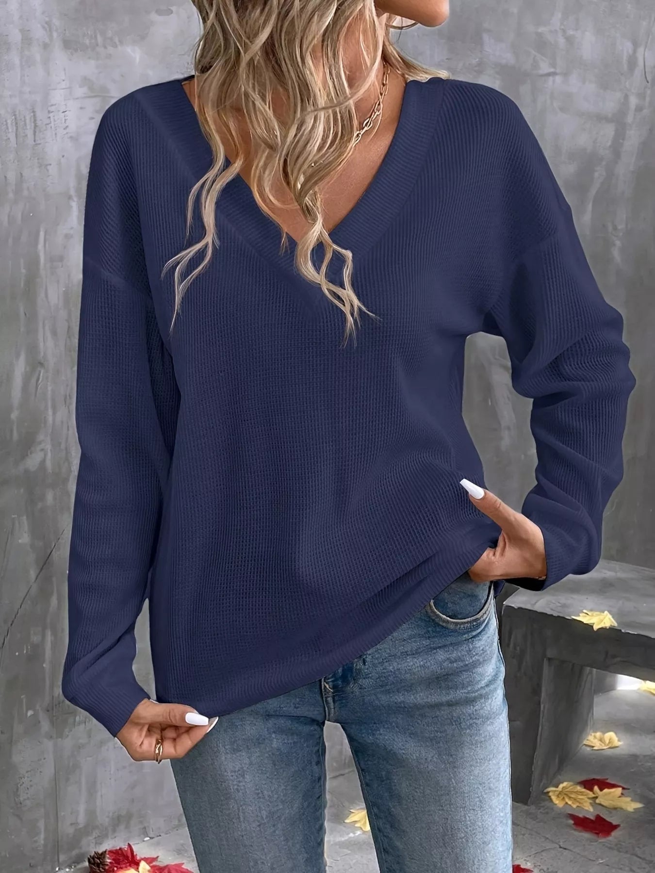 Plus Size V-Neck Long Sleeve Waffle Knit T-Shirt Navy