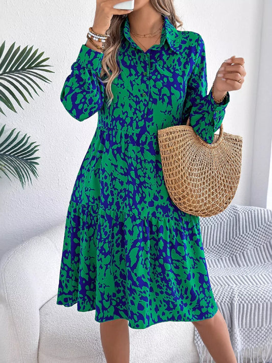 Printed Collared Neck Long Sleeve Dress Green