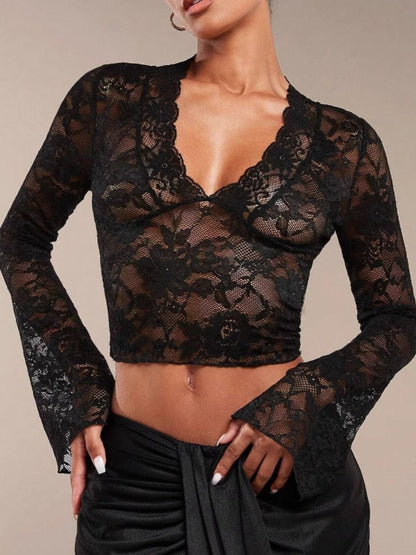 V-Neck Flare Sleeve Lace Top Black