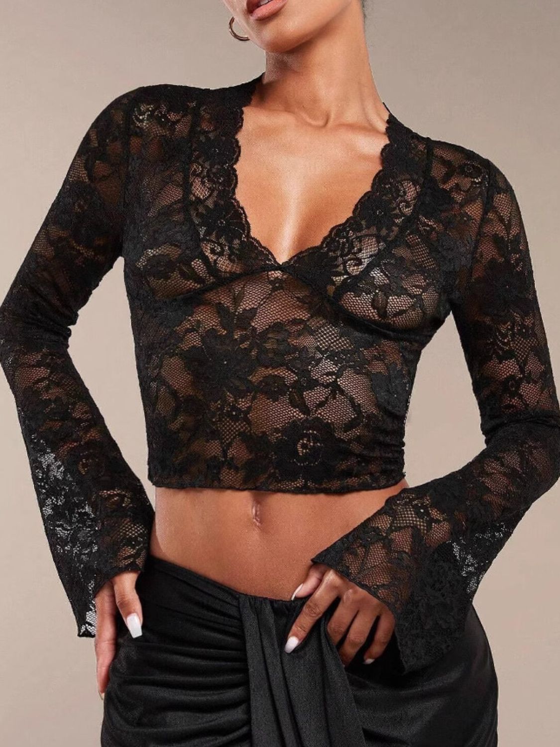 V-Neck Flare Sleeve Lace Top Black