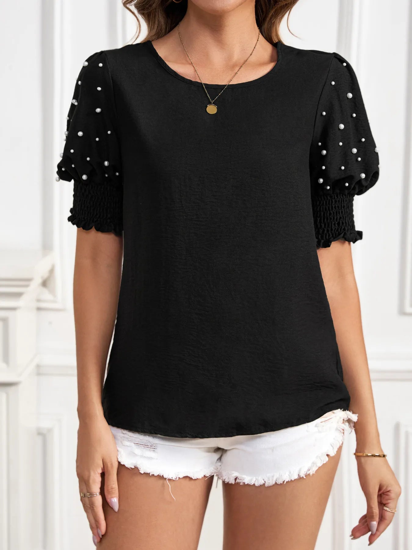 Pearl Embellished Puff Sleeve Blouse