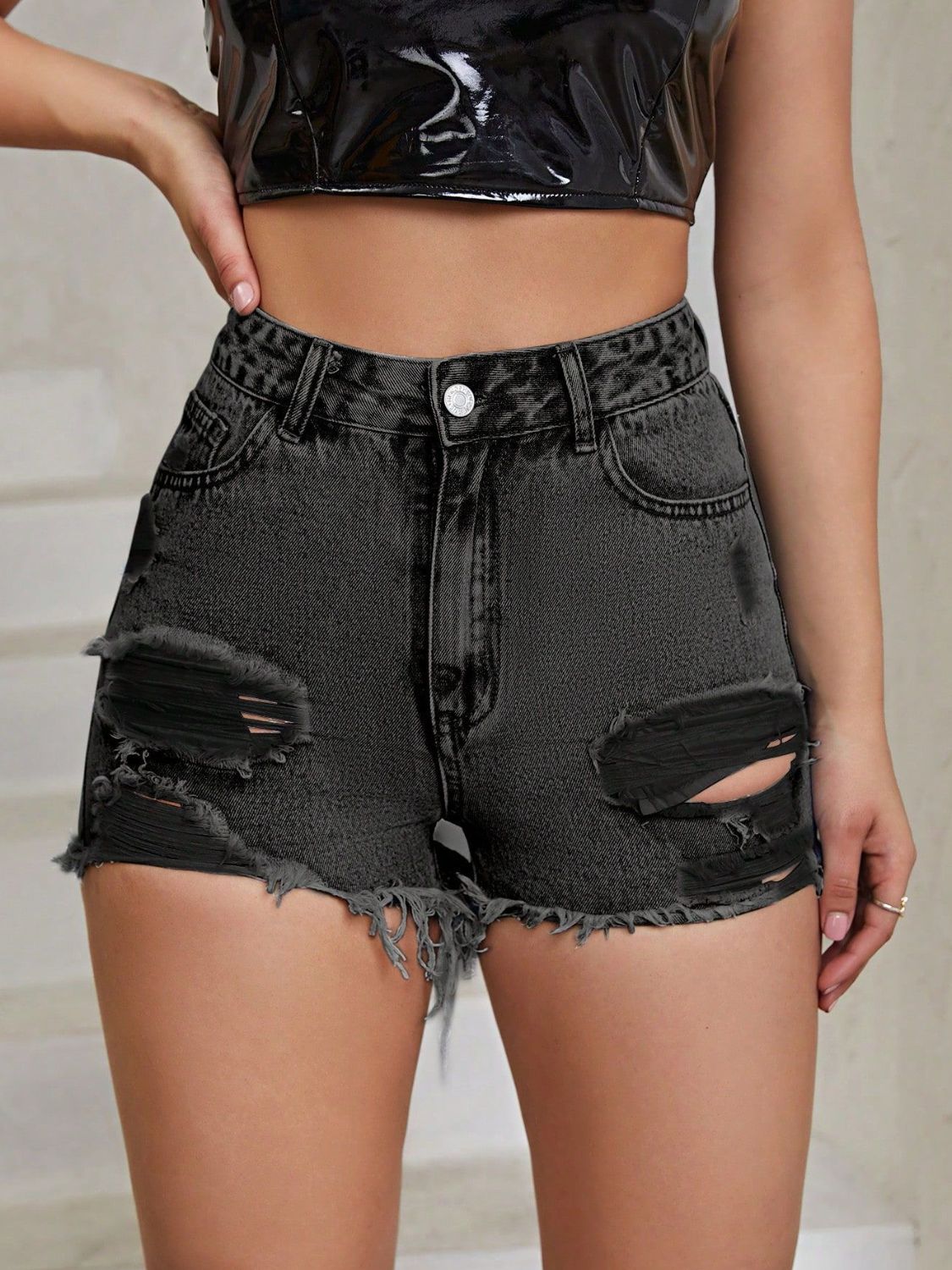 Distressed Raw Hem High Rise Denim Shorts