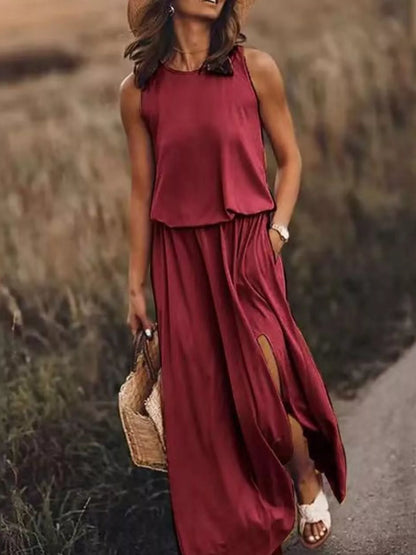Full Size Round Neck Sleeveless Slit Maxi Dress Plus Size Burgundy