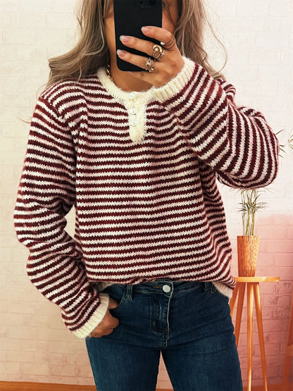 Striped Button Detail Long Sleeve Sweater Burgundy One Size