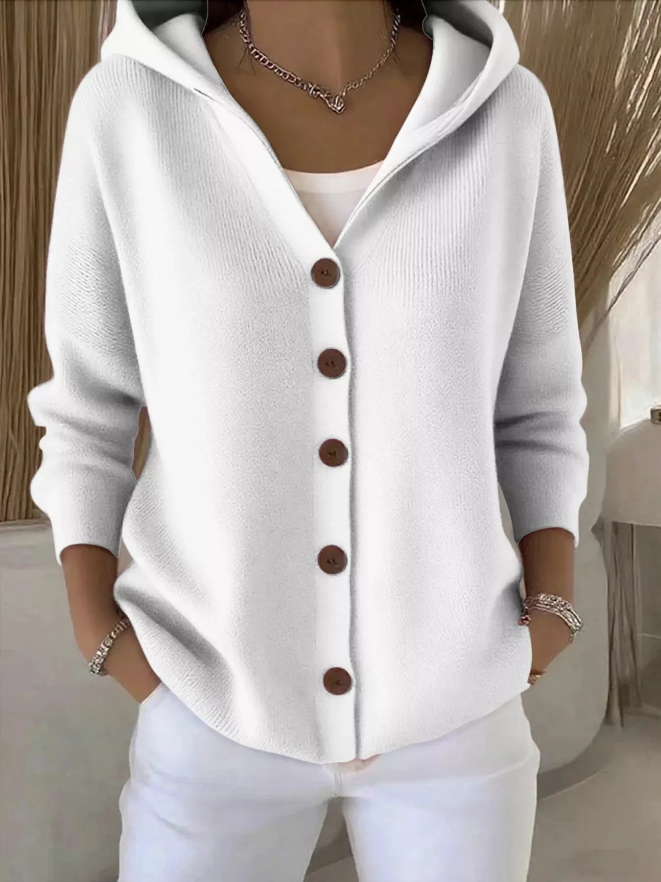 Full Size Hooded Button-Front Soft Knit Cardigan Plus Size White