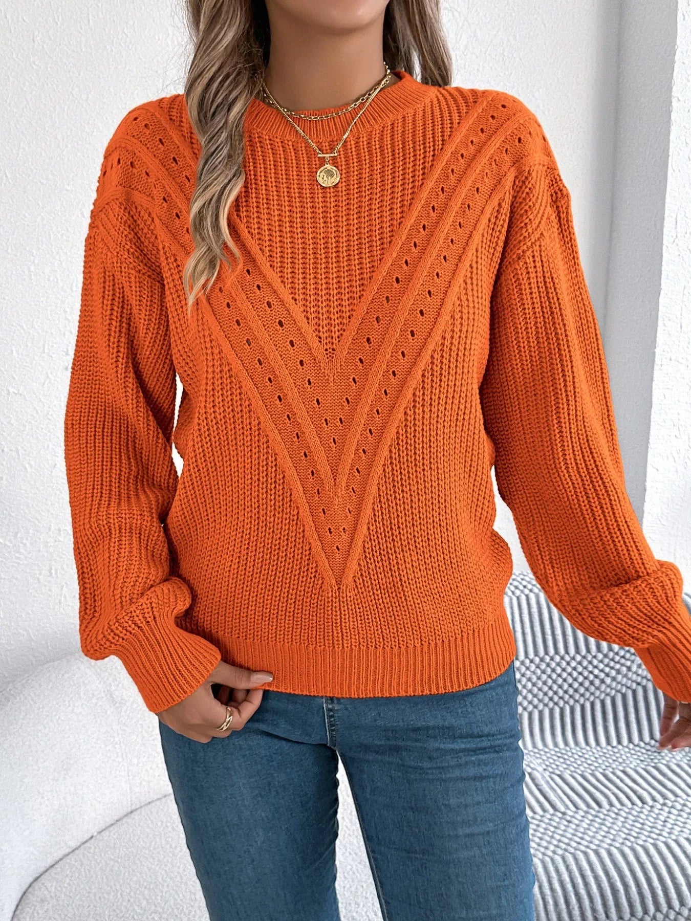 Openwork Round Neck Sweater