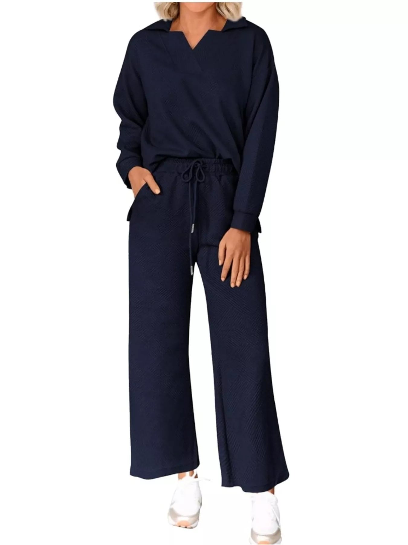 Side Slit Textured Top and Drawstring Pants Set Navy Blue