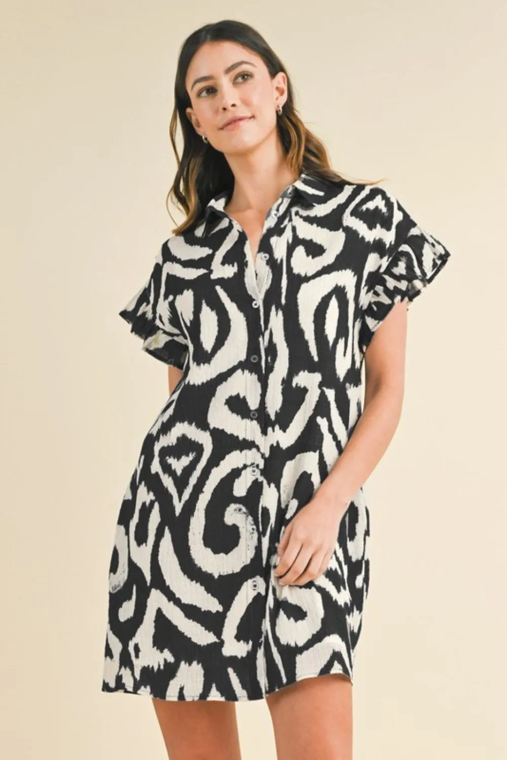 Annie Wear Abstract Printed Frill Sleeve Shirt Mini Dress BLACK