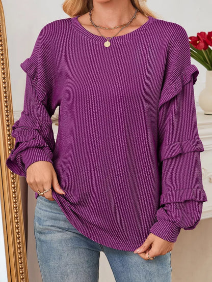 Round Neck Ruffled Long Sleeve Sweatshirt
