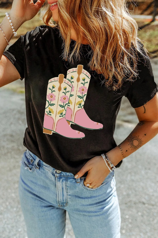 Floral Cowgirl Boots Graphic T-Shirt Black