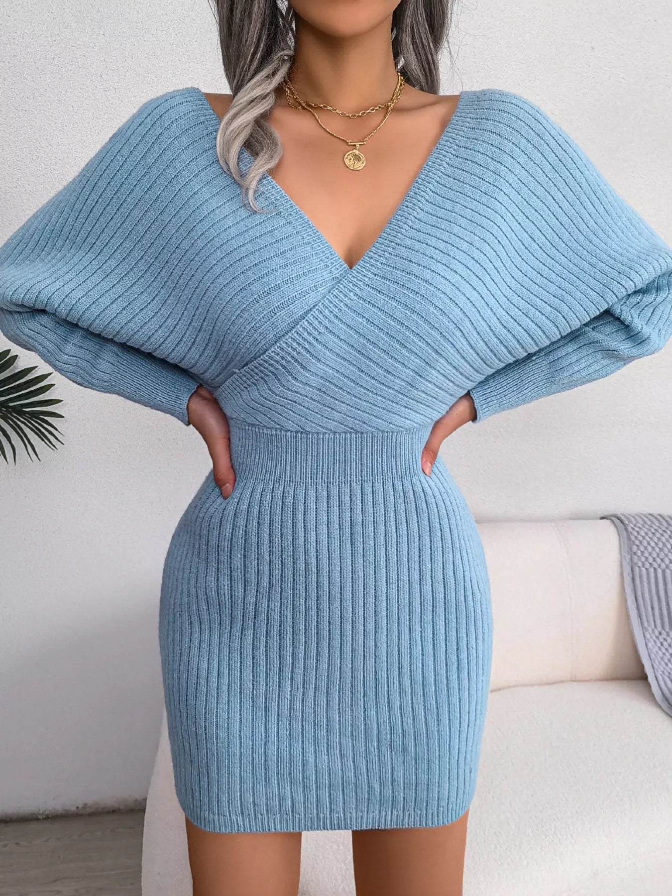 Surplice Long Sleeve Sweater Dress