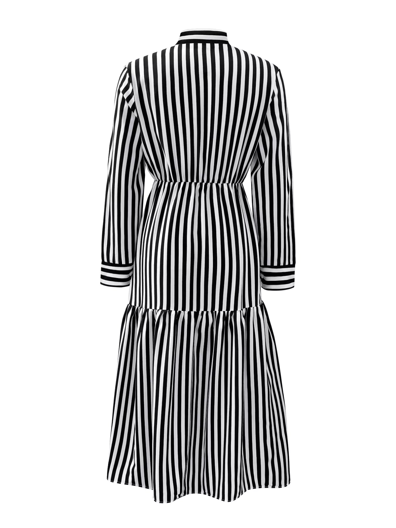 Striped Notched Long Sleeve Midi Dress