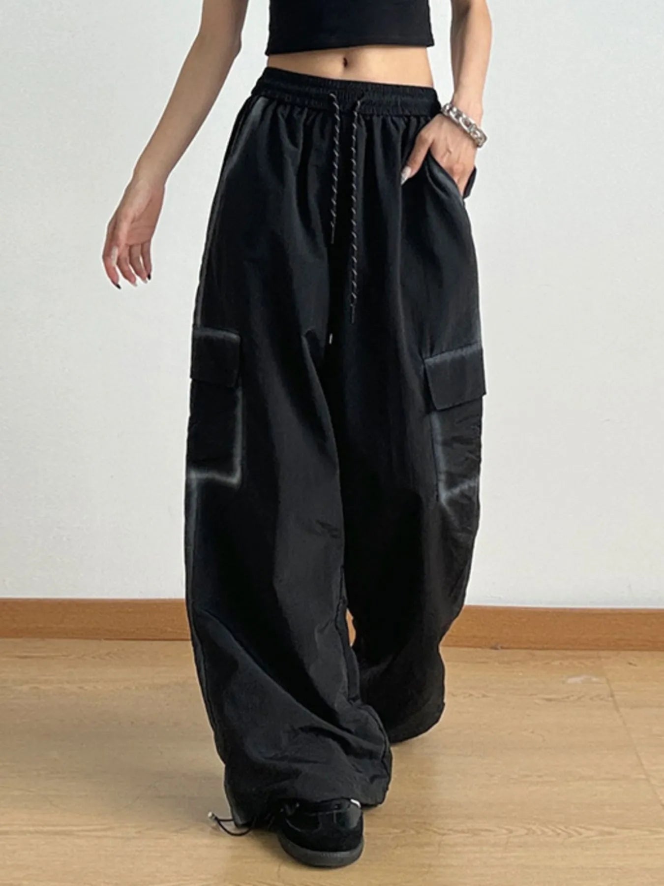 Drawstring Wide Leg Pants Black
