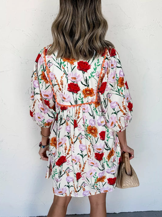 Floral Print 3/4 Sleeve Mini Dress