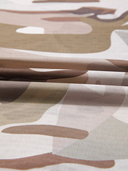 Camouflage Print Mesh Long Sleeve Top