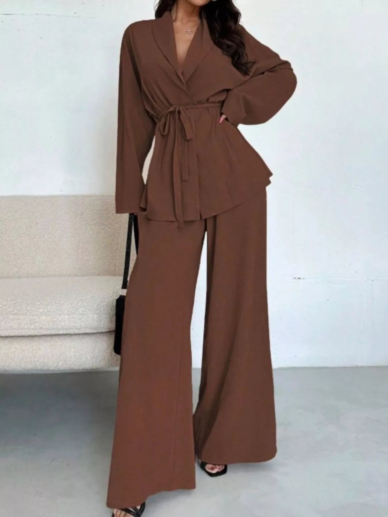 Front Tied Shirt and Wide-Leg Pants Set