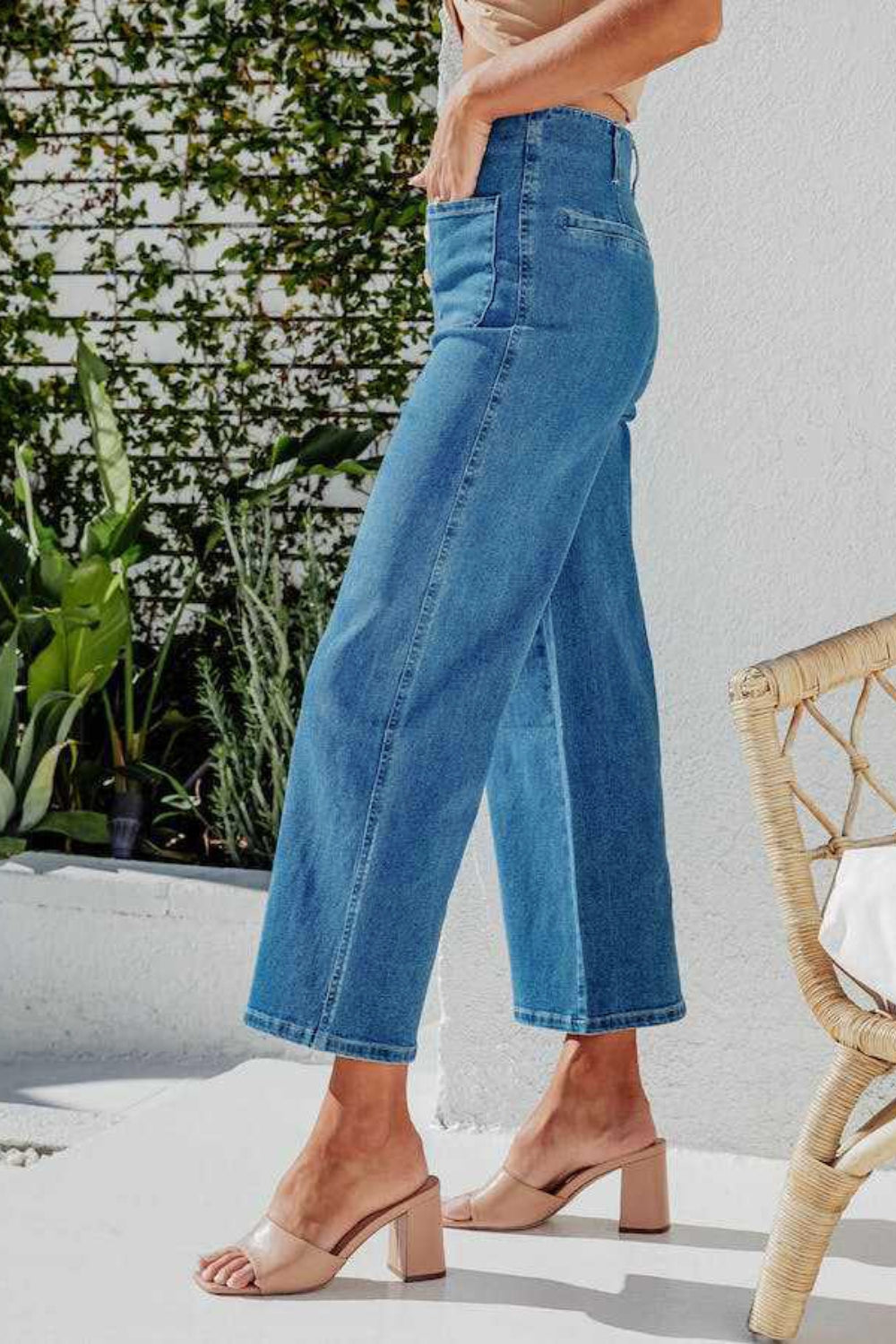 Button Fly Cropped Wide Leg Jeans