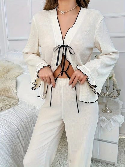 Contrast Trim Bow Tie Shirt and Pants Lounge Set