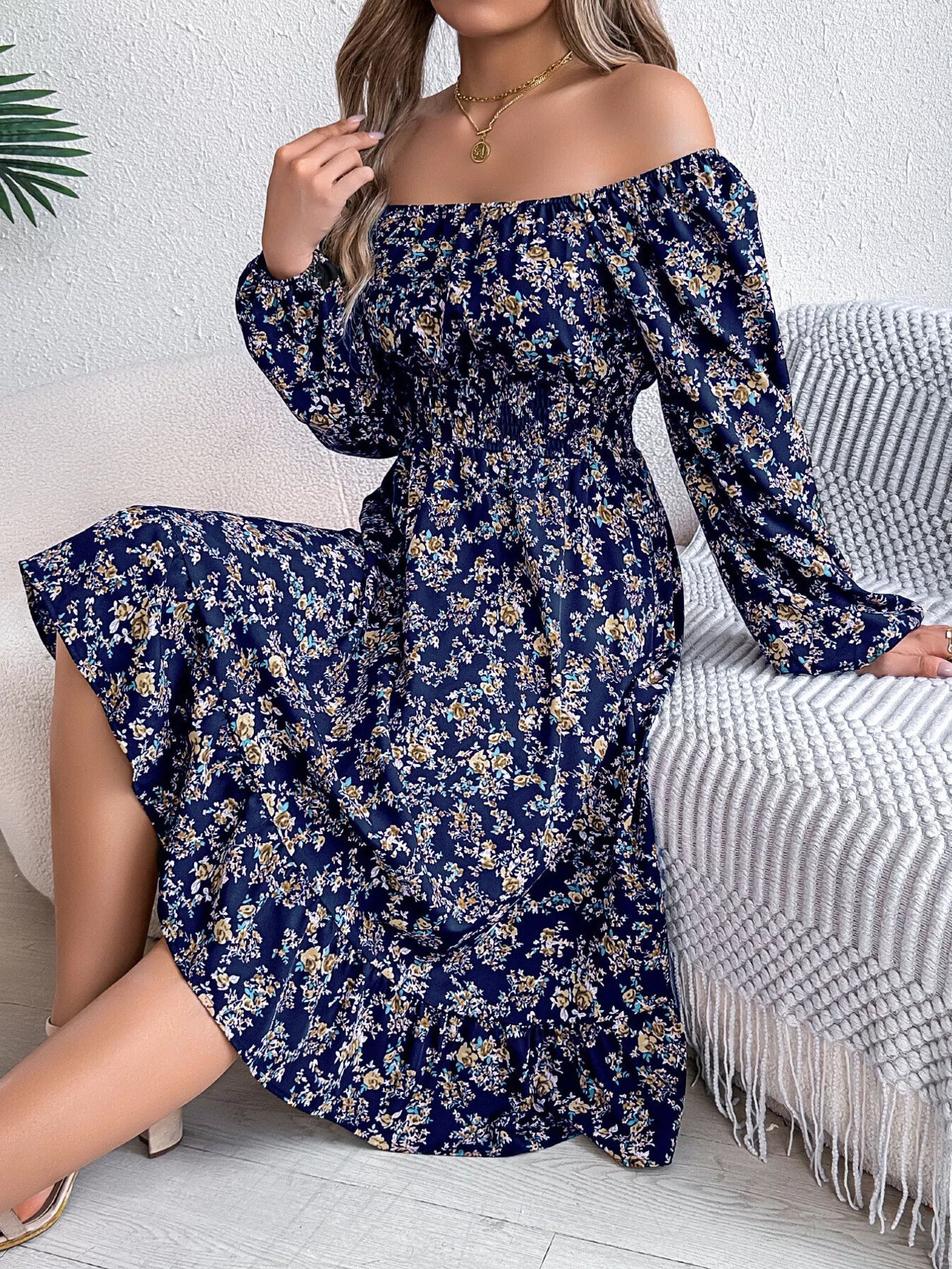 Floral Print Long Sleeve Square Neck Midi Dress