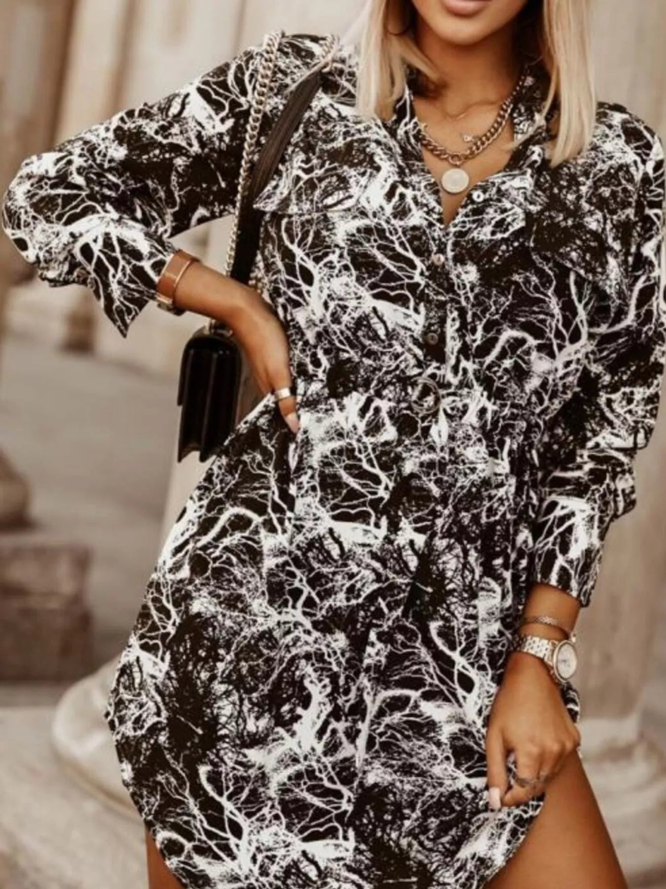 Printed Button Front Long Sleeve Dress Black And White Tie Dye