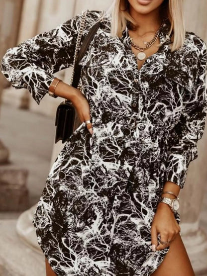 Printed Button Front Long Sleeve Dress Black And White Tie Dye