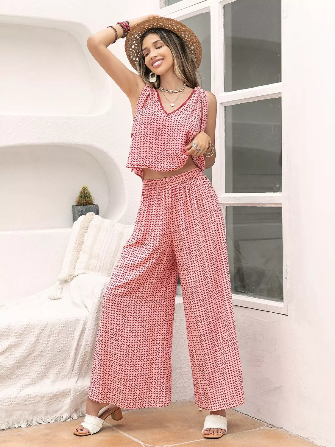 Gingham Tie Shoulder Top and Pants Set