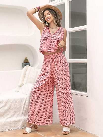 Gingham Tie Shoulder Top and Pants Set