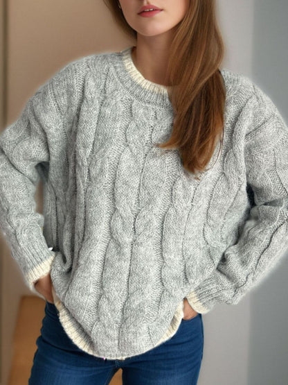 Cable Knit Round Neck Long Sleeve Sweater Gray One Size