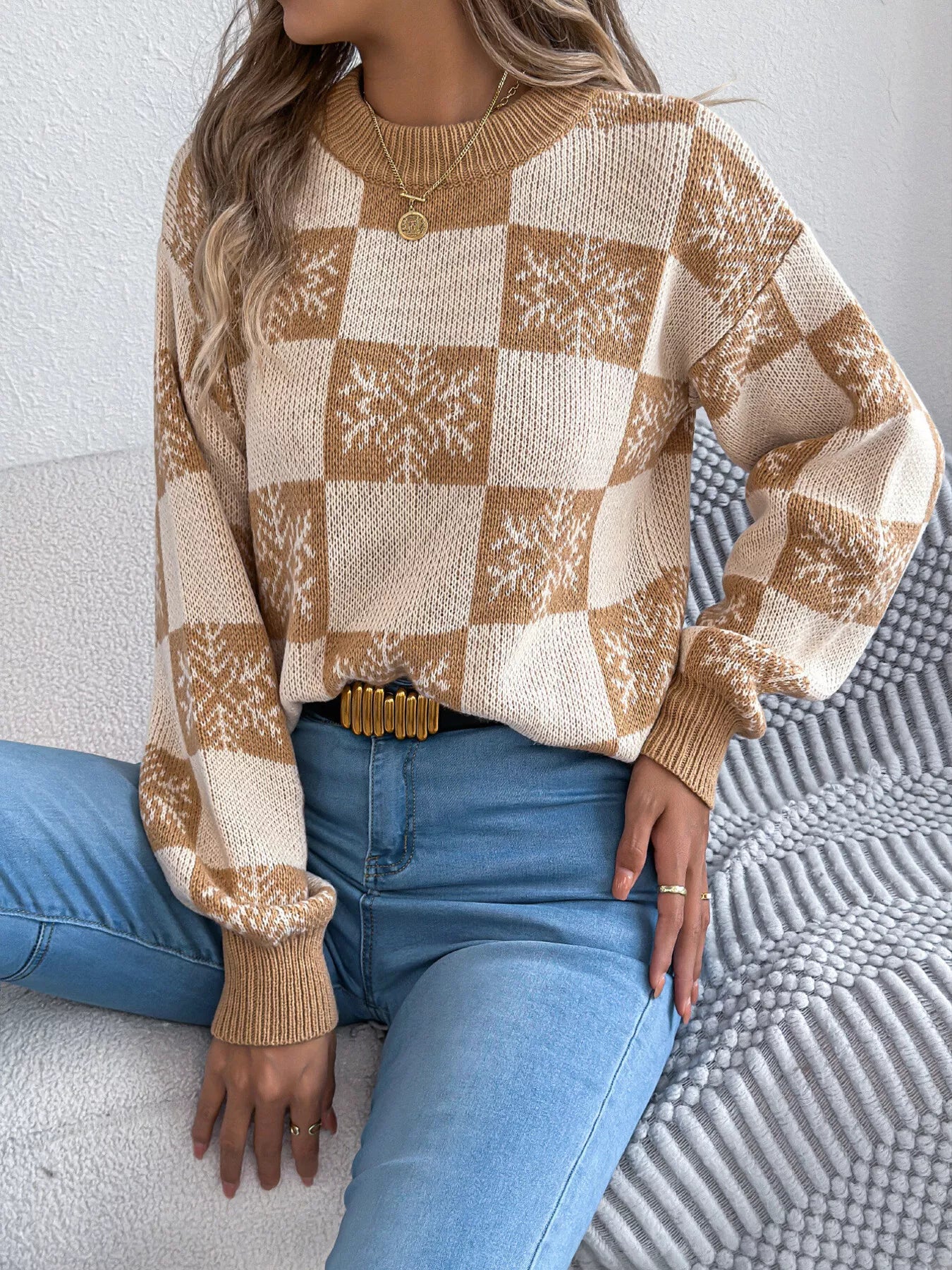 Christmas Snowflake Checkered Round Neck Sweater