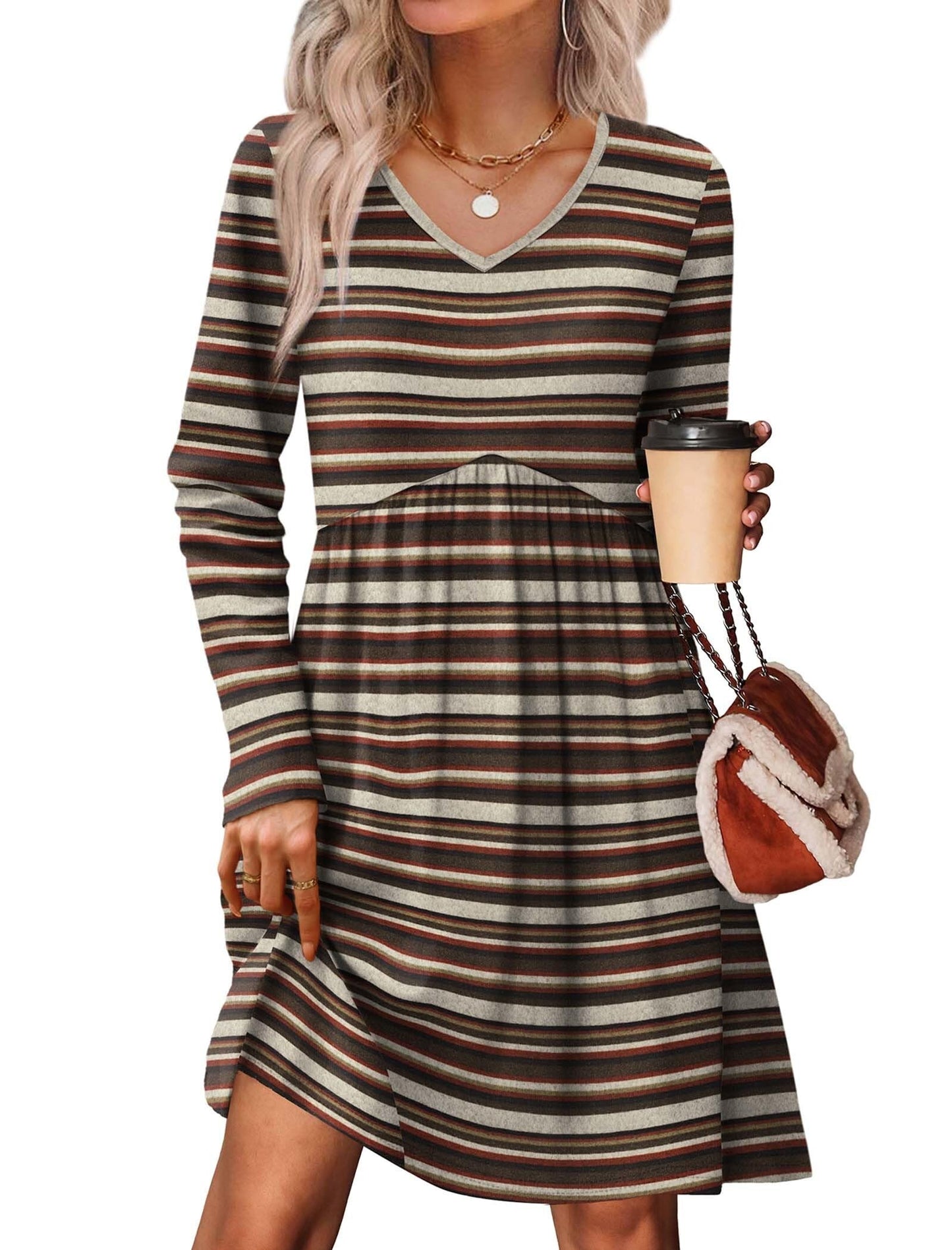 Women's Long Sleeve Sweater Dress - V Neck Empire Waist Babydoll Dress with Pockets S-orange Stripe