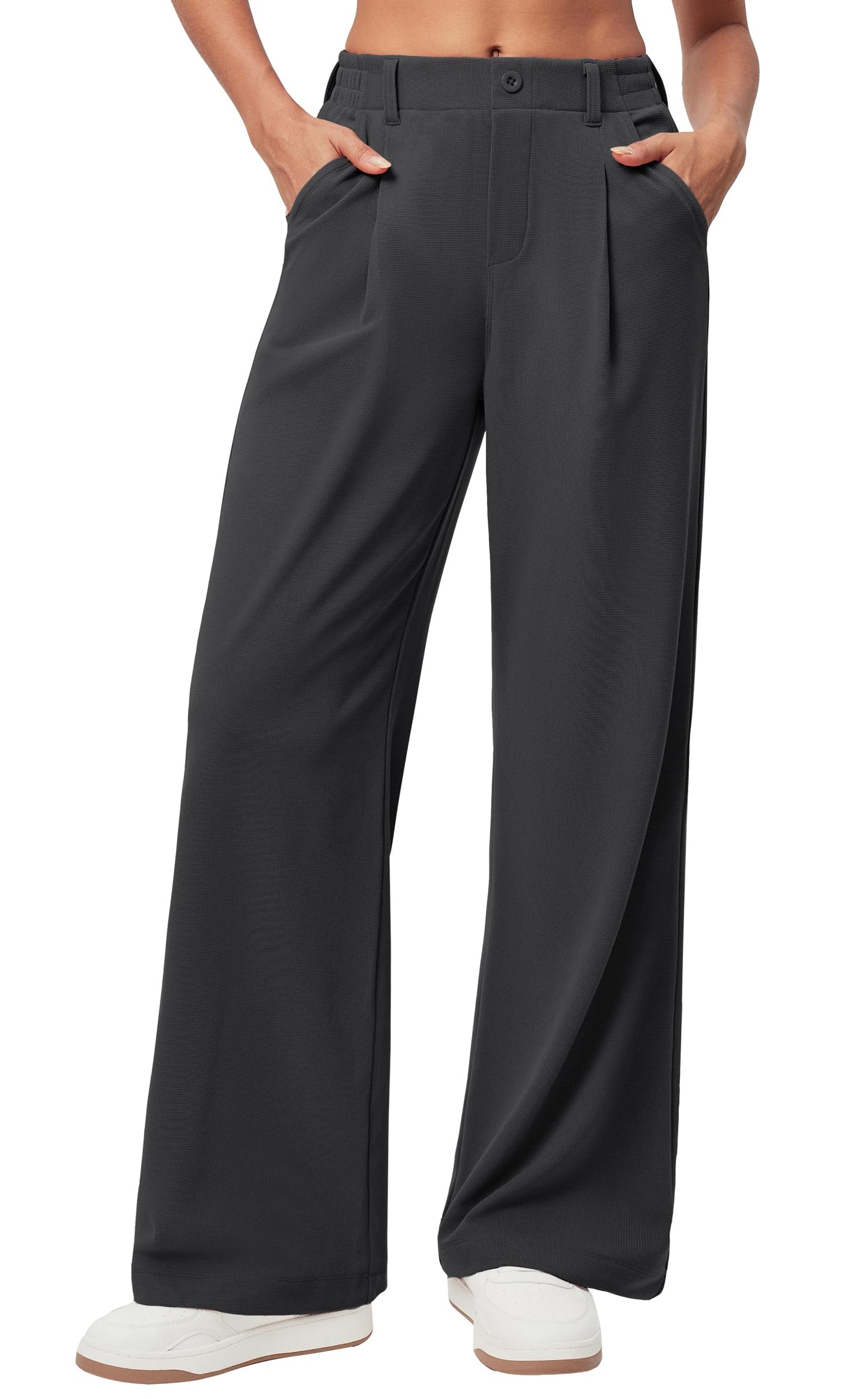 Women's Wide Leg Work Pants - Stretchy Pull-On Business Casual Trousers with Pockets Gray- 28'' Regular