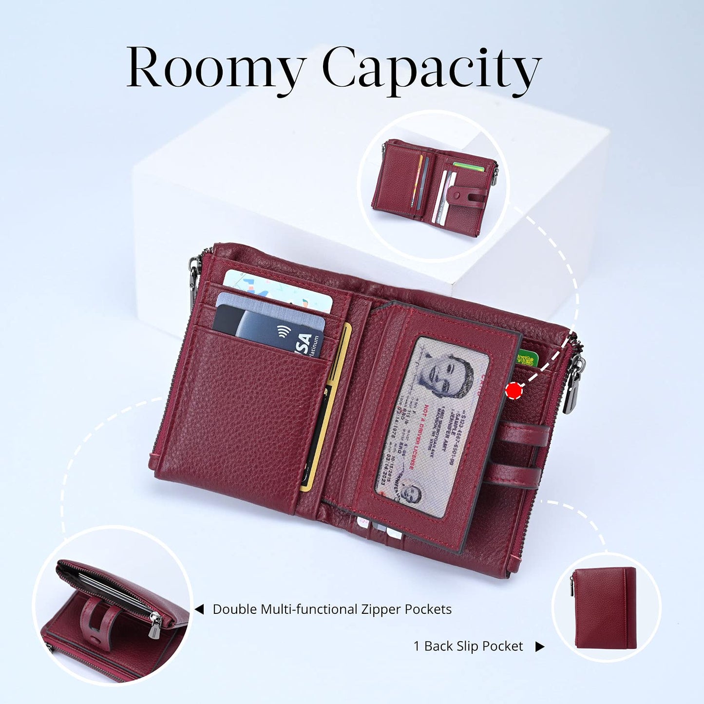 Women Leather Wallet - Small RFID Blocking Card Holder with Double Zipper