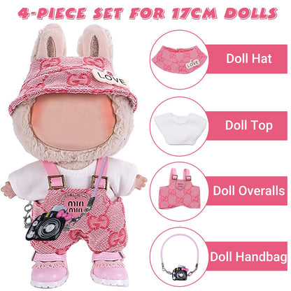 4 Piece Doll Clothes Set for 15cm-17cm Dolls - Outfit with Overalls Hat & Bag