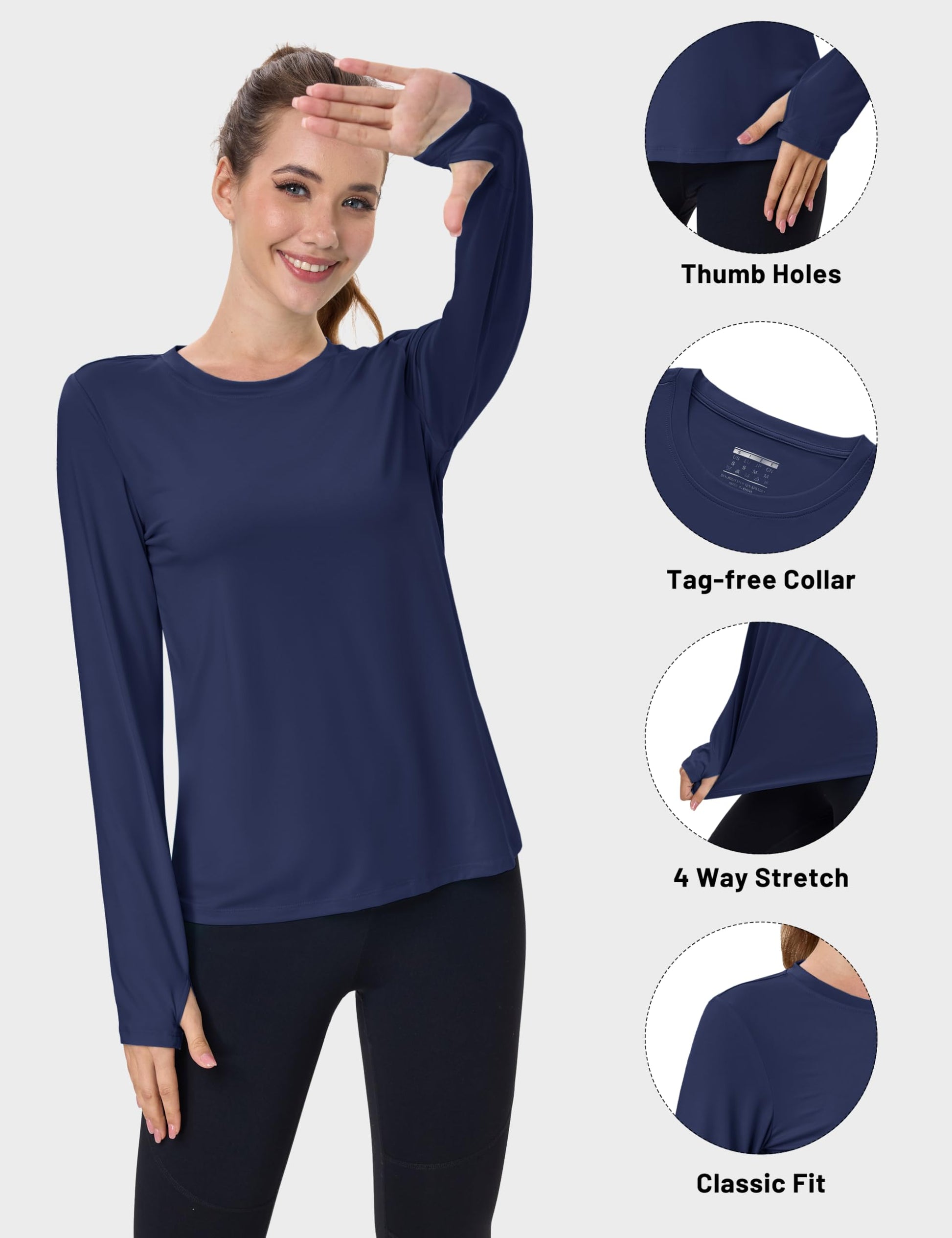 Women's UPF 80+ Long Sleeve Rash Guard - Quick Dry Athletic Shirt with Thumb Holes
