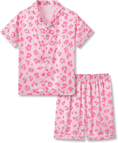 Girls Satin Pajama Set - Silky Button Down PJ with Shorts Size 6-16