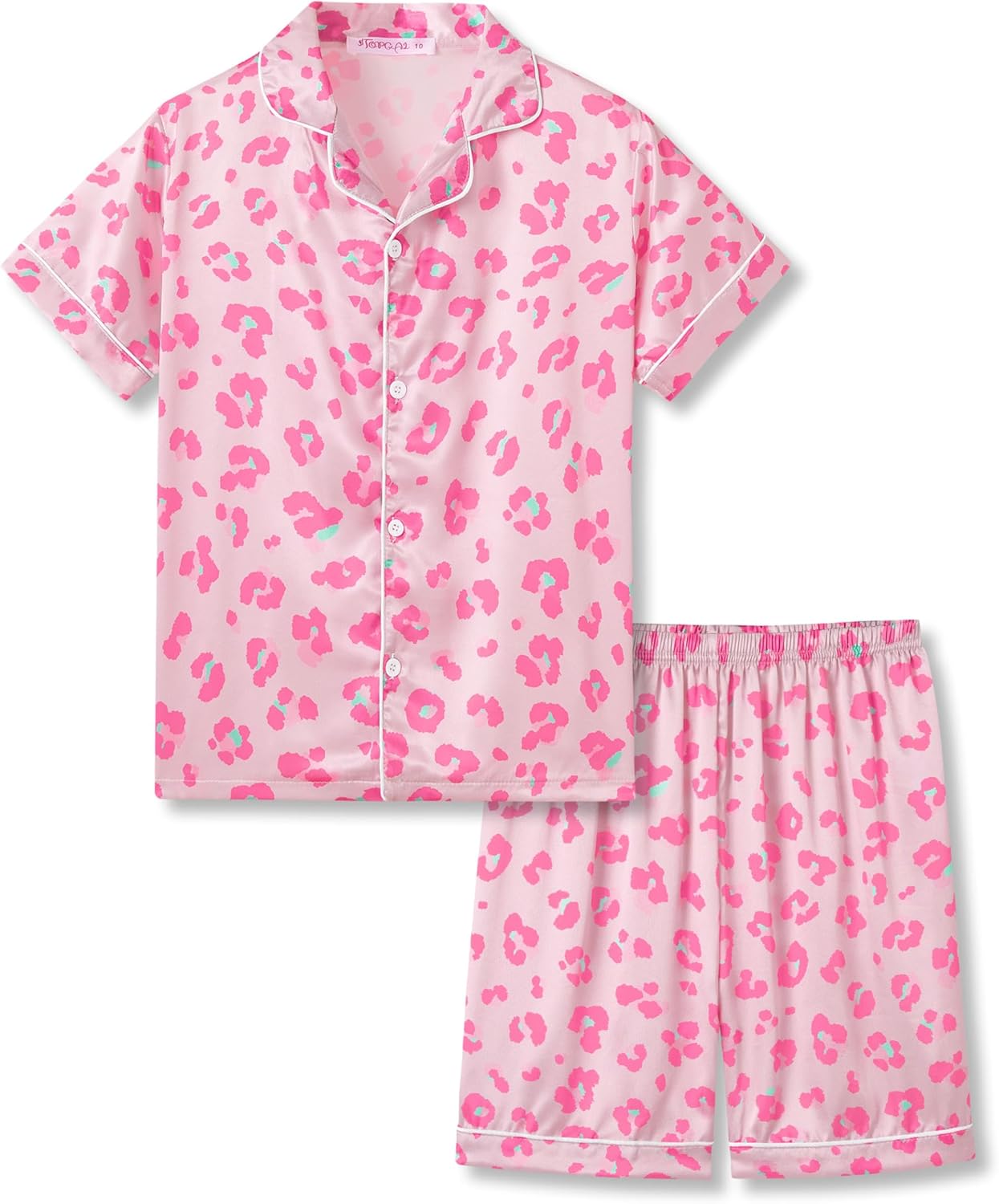 Girls Satin Pajama Set - Silky Button Down PJ with Shorts Size 6-16 Beige & Pink Leopard(short Sleeve & Shorts)