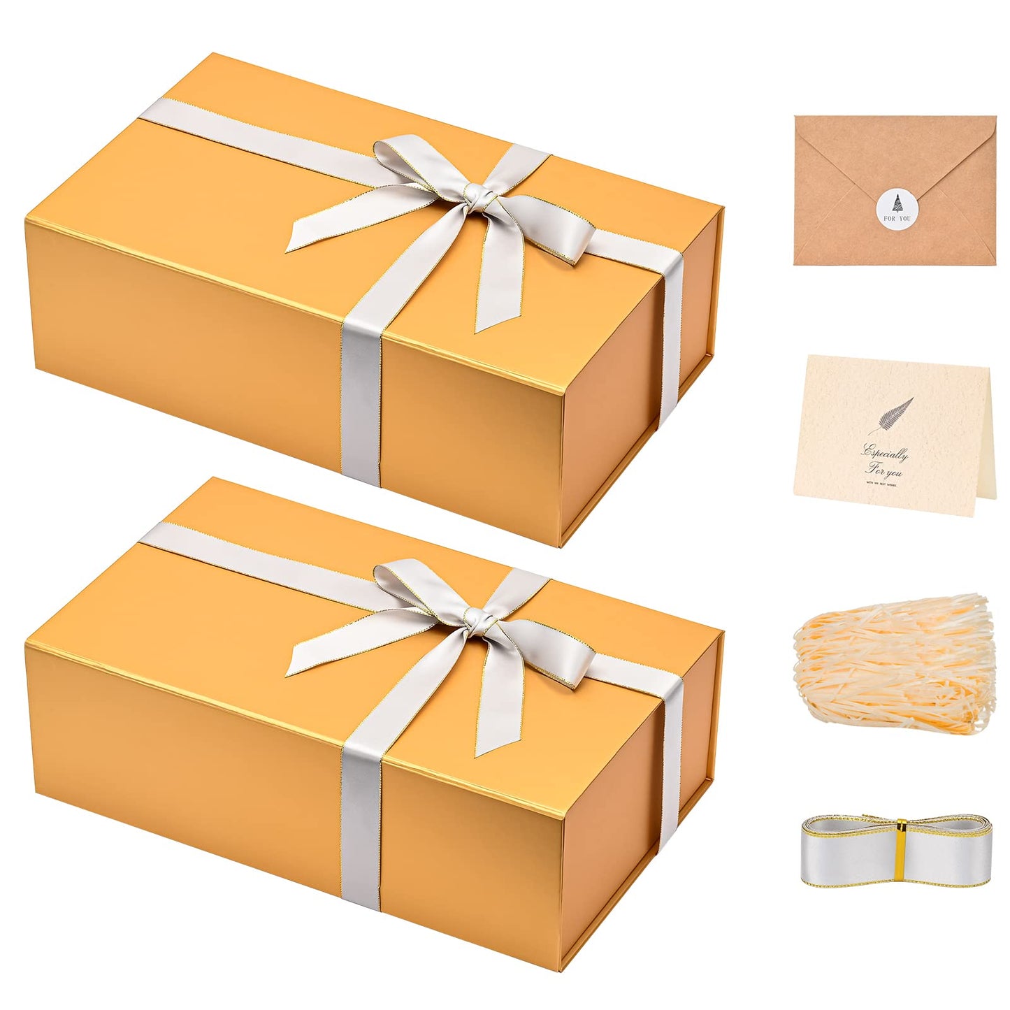 Gift Boxes with Lids 2 Pack - Magnetic Closure with Ribbon, Card, Filler & Sticker 1 Count (Pack of 2) Gold